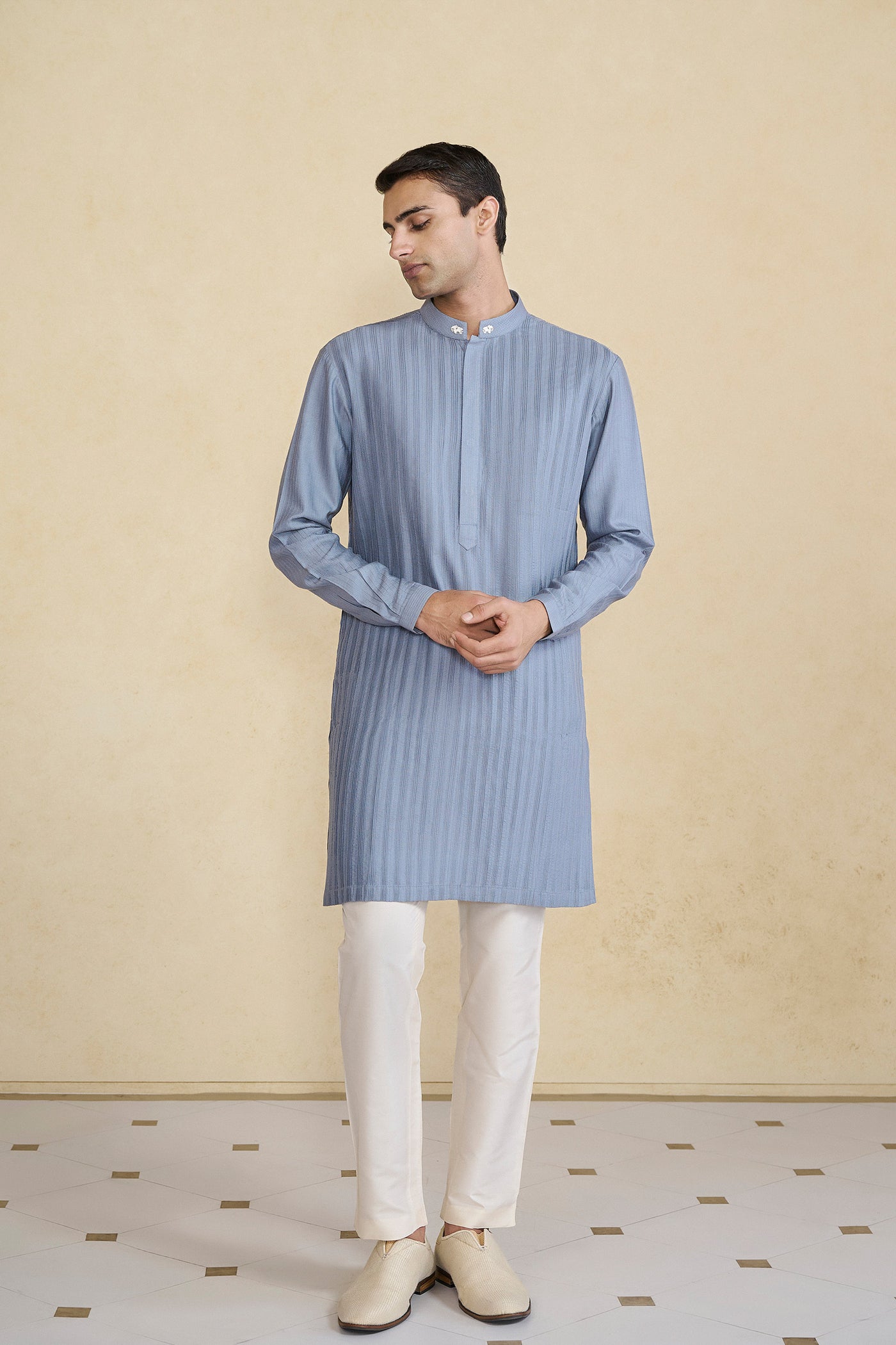 Anita Dongre Menswear Daeven Embroidered Silk Kurta Grey indian designer wear online shopping melange singapore