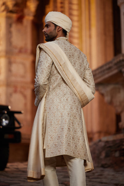 Anita Dongre Menswear Devarsh Gota Patti Silk Sherwani Ivory indian designer wear online shopping melange singapore
