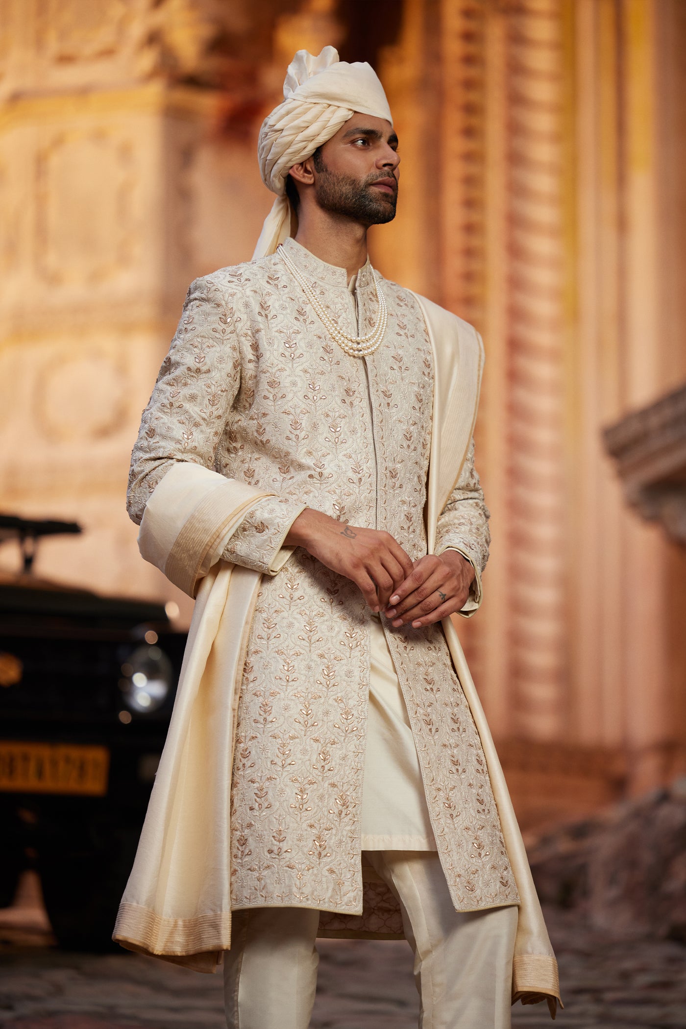 Anita Dongre Menswear Devarsh Gota Patti Silk Sherwani Ivory indian designer wear online shopping melange singapore
