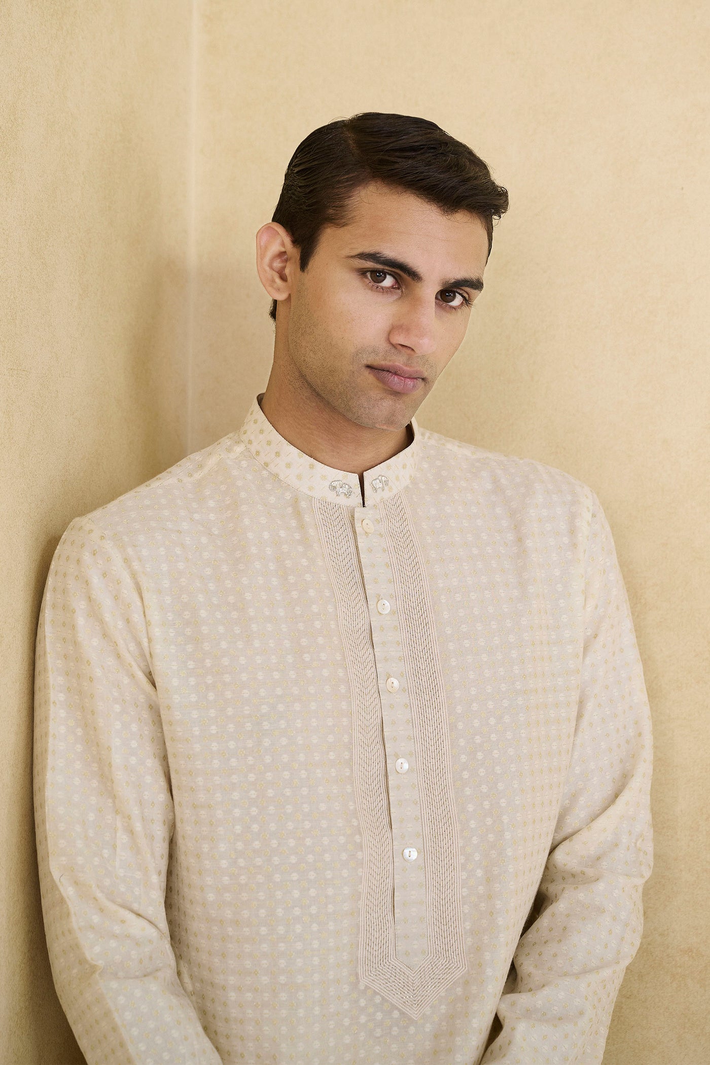 Anita Dongre Menswear Hemansh Embroidered Silk Kurta Cream indian designer wear online shopping melange singapore