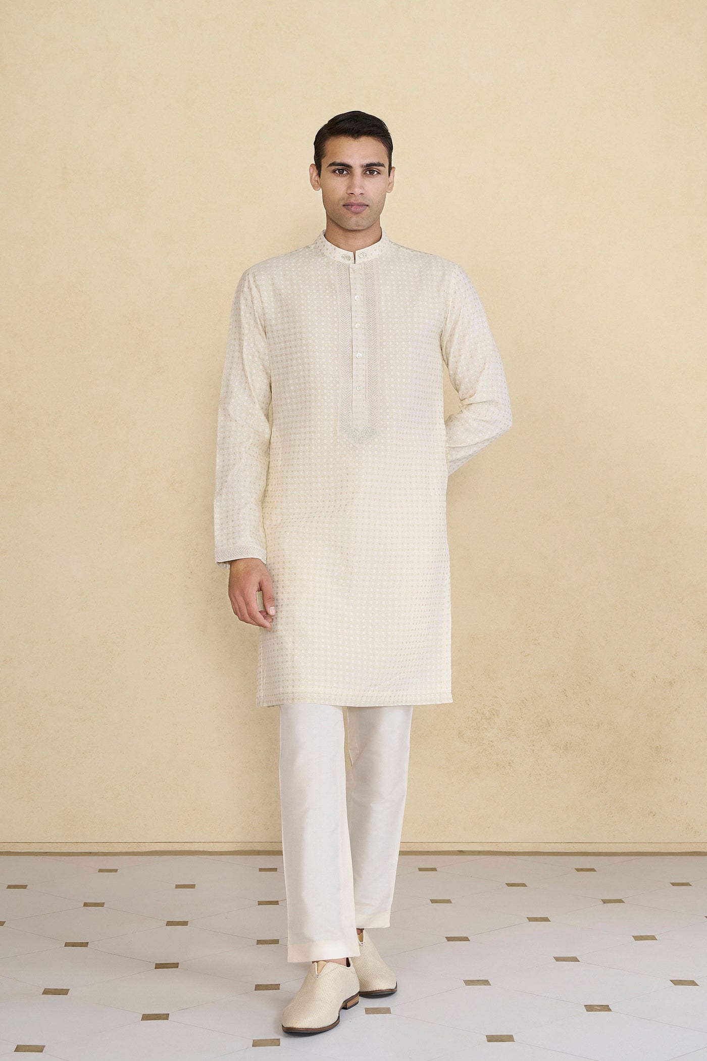 Anita Dongre Menswear Hemansh Embroidered Silk Kurta Cream indian designer wear online shopping melange singapore