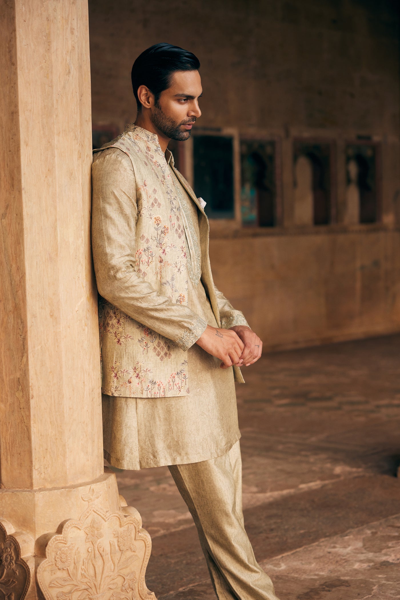 Anita Dongre Menswear Hemil Printed Silk Nehru Jacket Sage indian designer wear online shopping melange singapore
