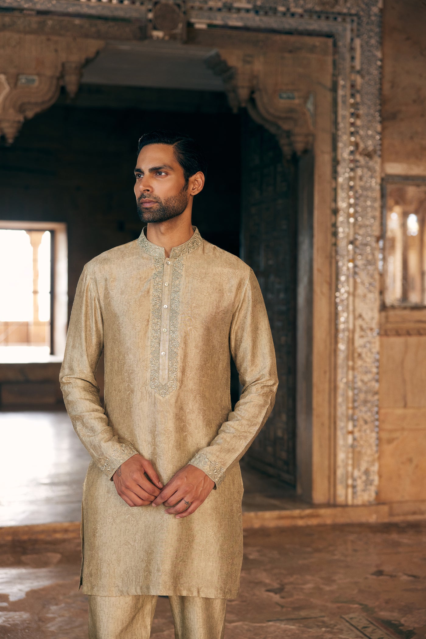 Anita Dongre Menswear Hiranmay Printed Silk Kurta Sage indian designer wear online shopping melange singapore