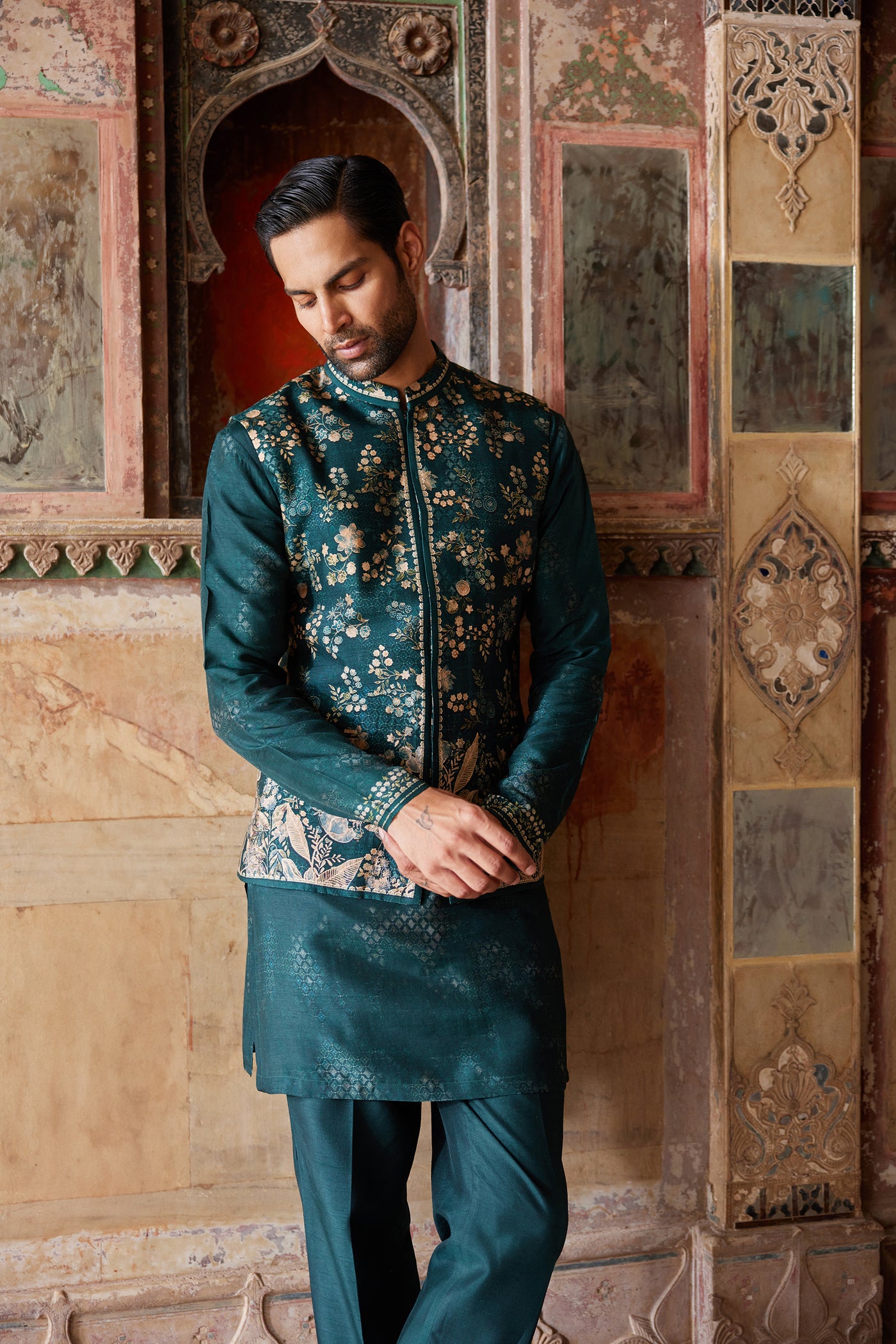 Anita Dongre Menswear Hirav Printed Silk Nehru Jacket Green indian designer wear online shopping melange singapore