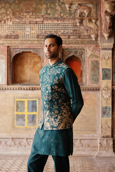 Anita Dongre Menswear Hirav Printed Silk Nehru Jacket Green indian designer wear online shopping melange singapore