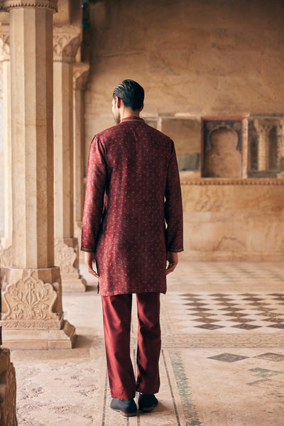 Anita Dongre Menswear Humair Printed Silk Kurta Maroon indian designer wear online shopping melange singapore
