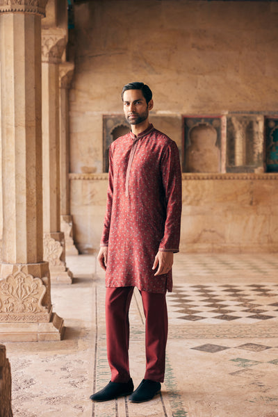 Anita Dongre Menswear Humair Printed Silk Kurta Maroon indian designer wear online shopping melange singapore
