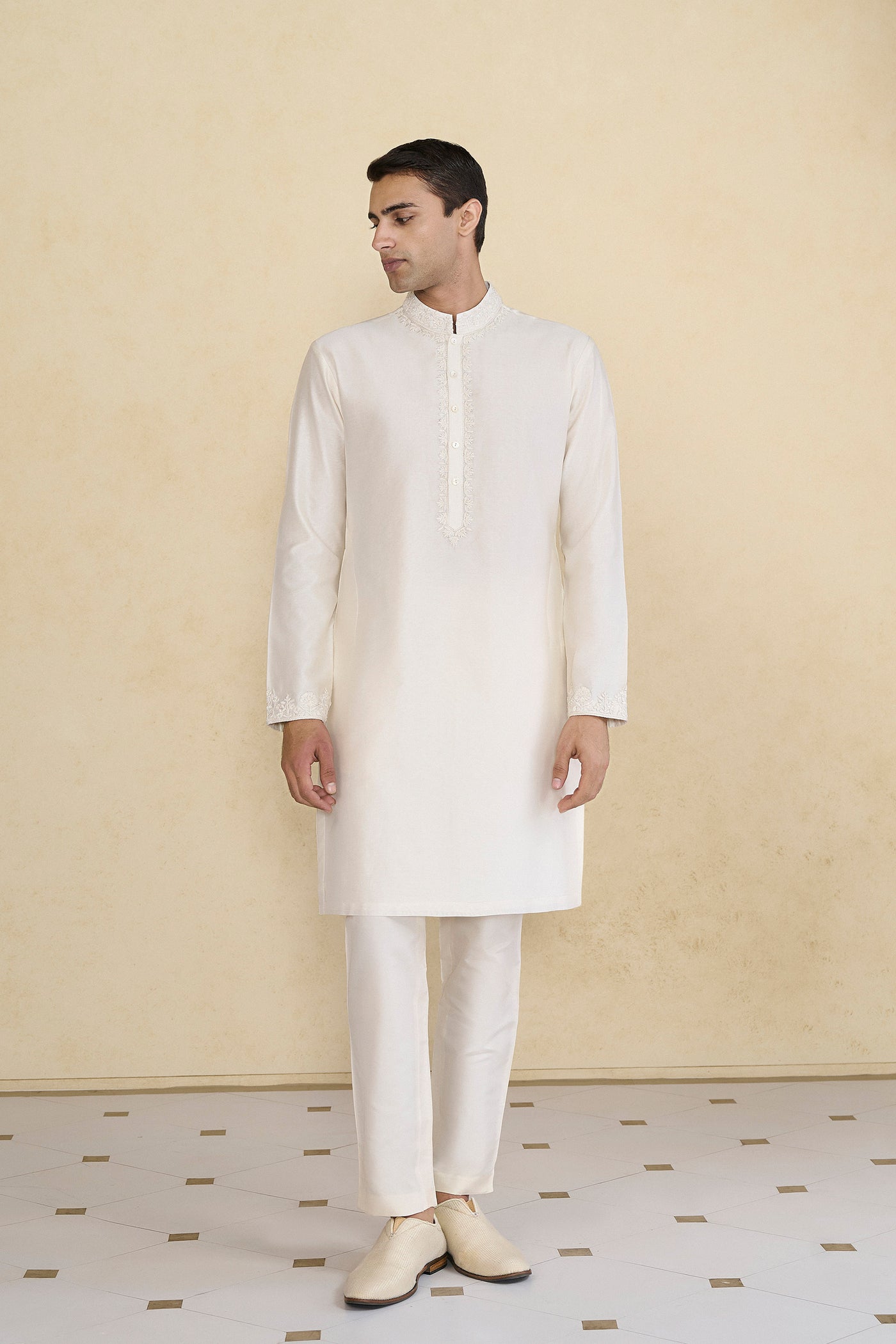 Anita Dongre Menswear Isharv Embroidered Chanderi Silk Kurta Ivory indian designer wear online shopping melange singapore