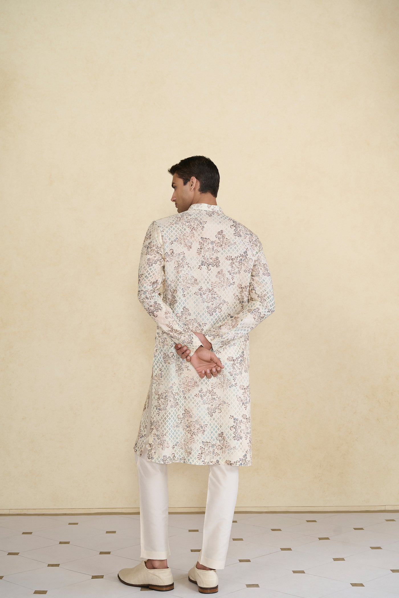 Anita Dongre Menswear Ivory Rukham Printed Silk Kurta indian designer wear online shopping melange singapore
