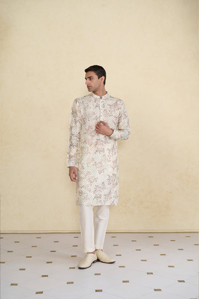 Anita Dongre Menswear Ivory Rukham Printed Silk Kurta indian designer wear online shopping melange singapore
