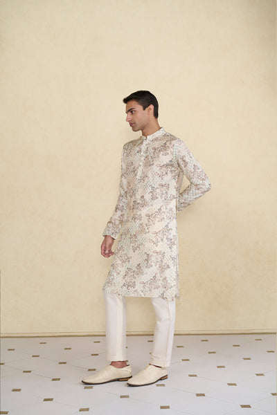 Anita Dongre Menswear Ivory Rukham Printed Silk Kurta indian designer wear online shopping melange singapore
