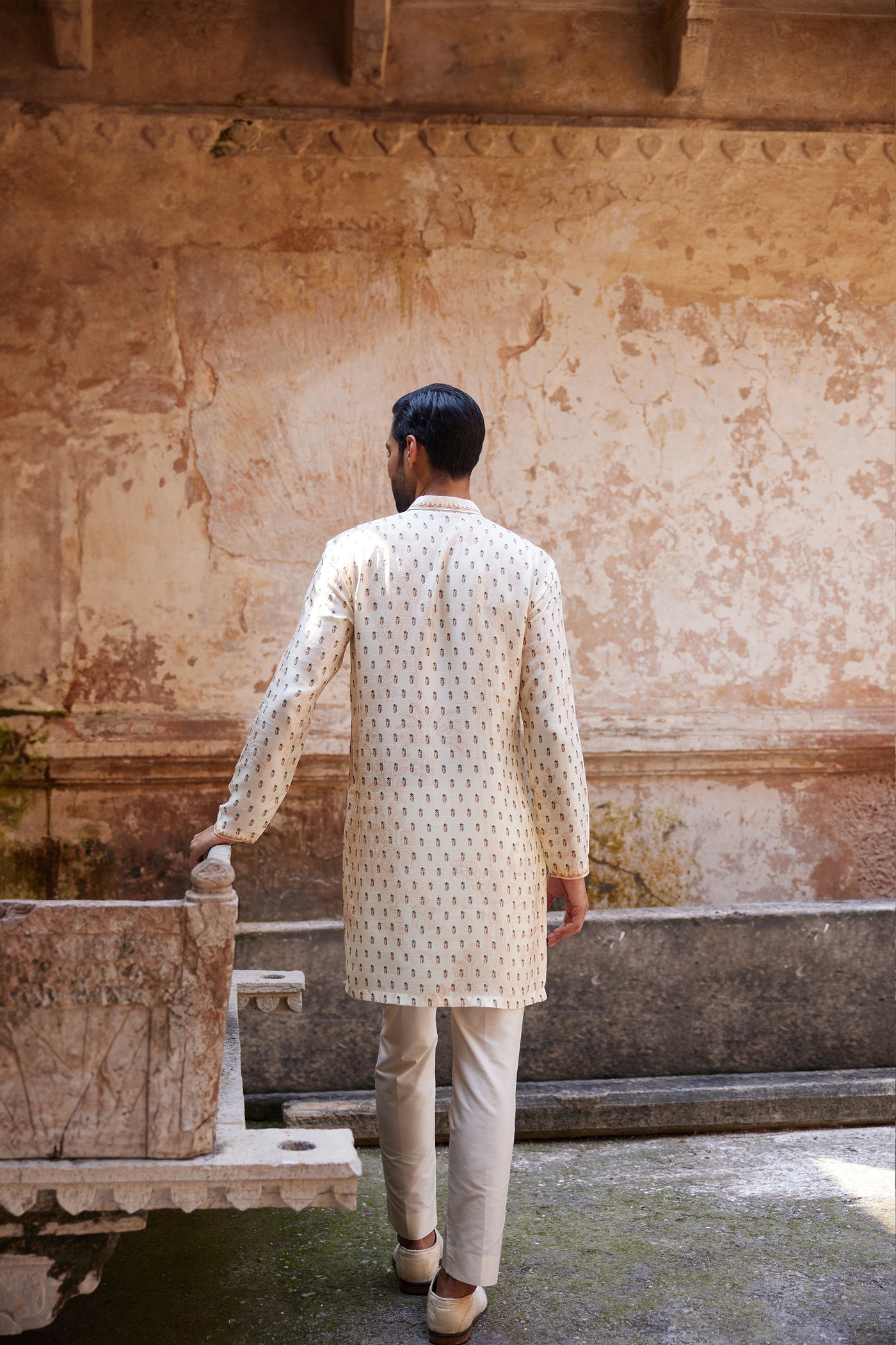 Anita Dongre Menswear Kalhar Printed Silk Kurta Ivory indian designer wear online shopping melange singapore