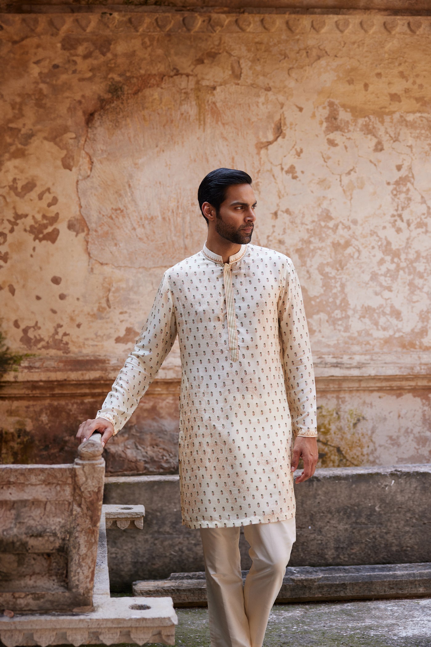 Anita Dongre Menswear Kalhar Printed Silk Kurta Ivory indian designer wear online shopping melange singapore