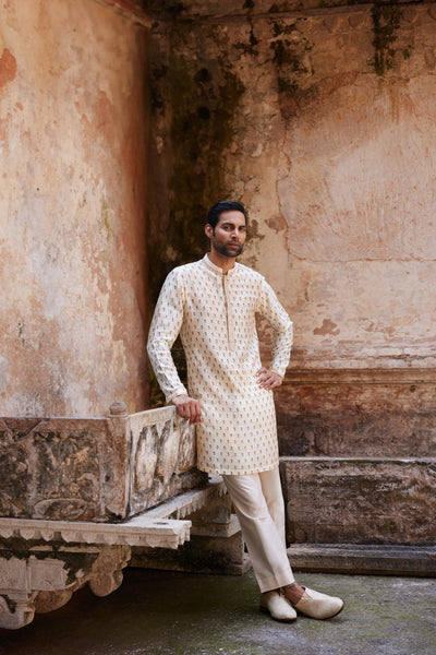 Anita Dongre Menswear Kalhar Printed Silk Kurta Ivory indian designer wear online shopping melange singapore