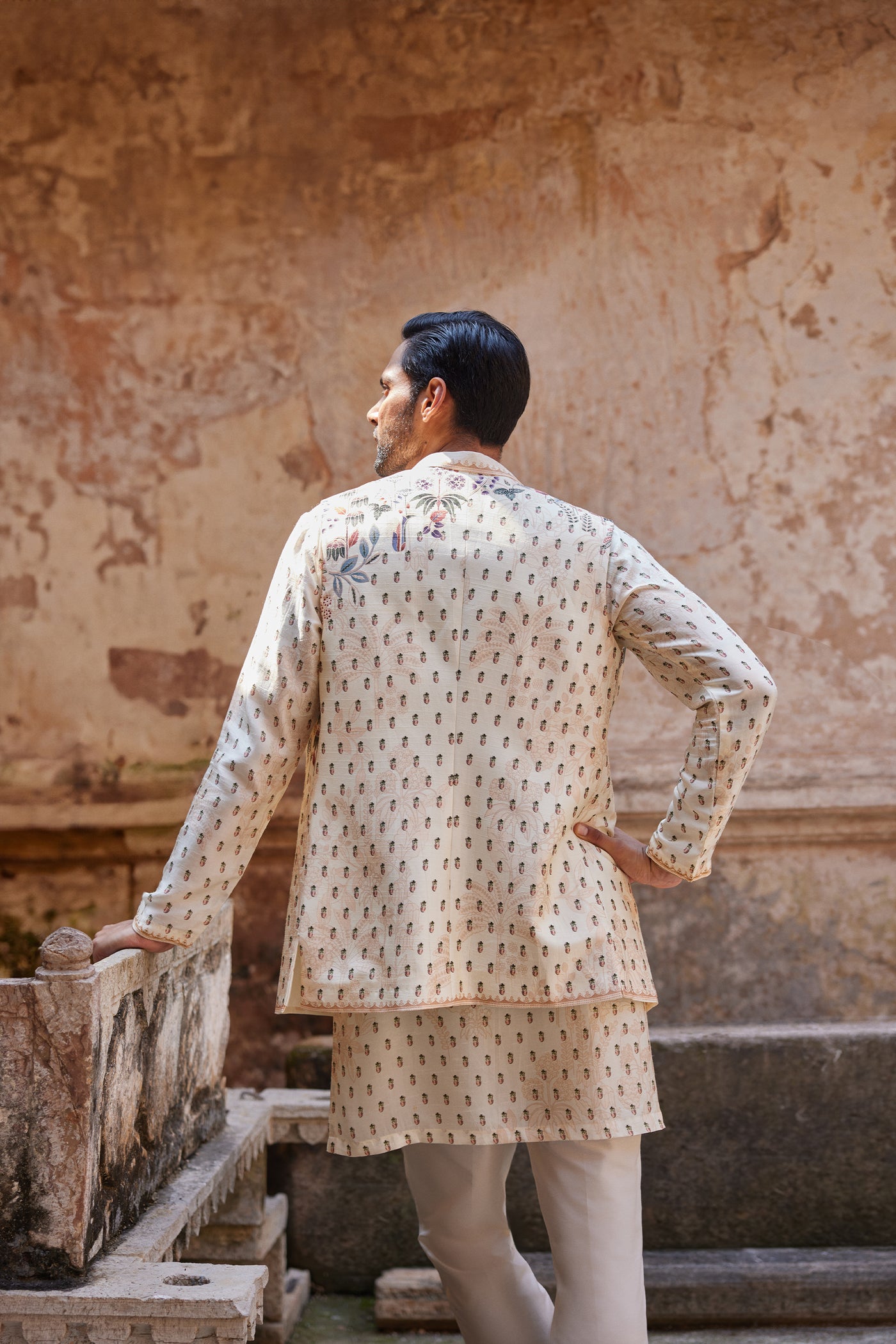 Anita Dongre Menswear Kalhar Printed Silk Nehru Jacket Ivory indian designer wear online shopping melange singapore
