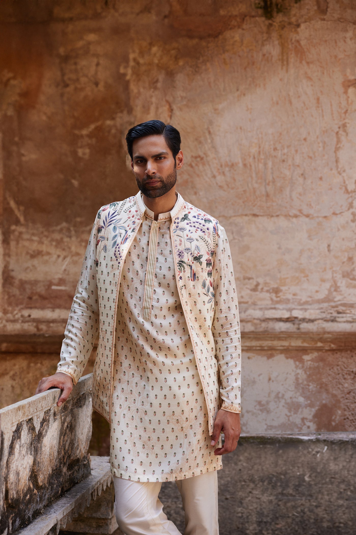 Anita Dongre Menswear Kalhar Printed Silk Nehru Jacket Ivory indian designer wear online shopping melange singapore
