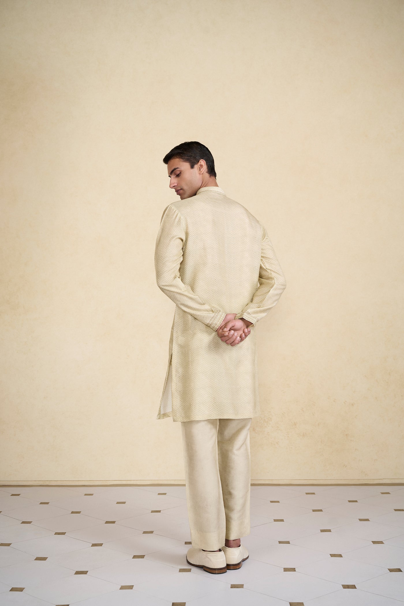 Anita Dongre Menswear Kanishkan Printed Silk Kurta Beige indian designer wear online shopping melange singapore
