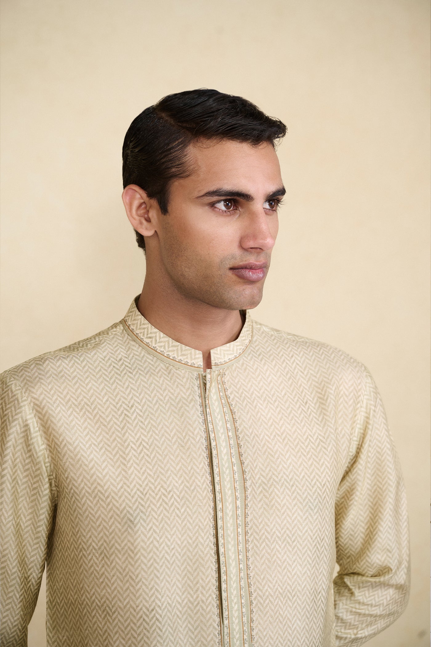 Anita Dongre Menswear Kanishkan Printed Silk Kurta Beige indian designer wear online shopping melange singapore
