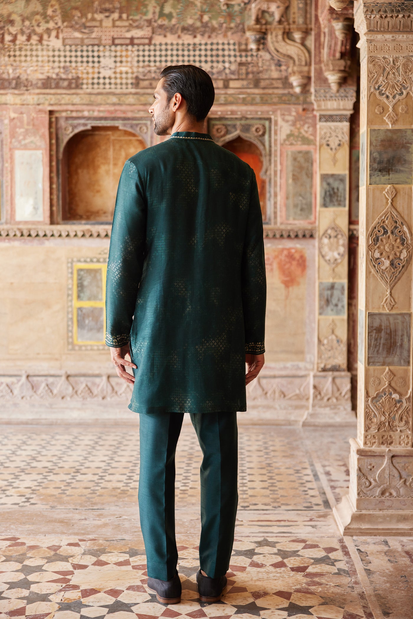 Anita Dongre Menswear Khidr Printed Silk Kurta Green indian designer wear online shopping melange singapore