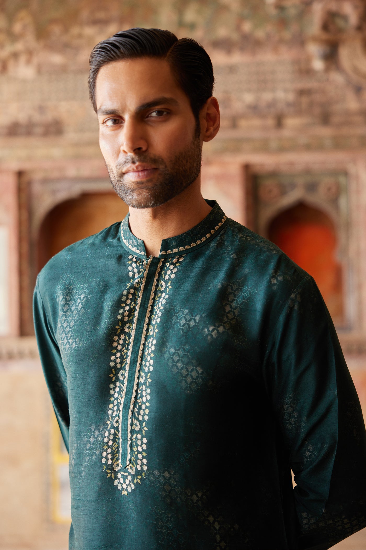 Anita Dongre Menswear Khidr Printed Silk Kurta Green indian designer wear online shopping melange singapore