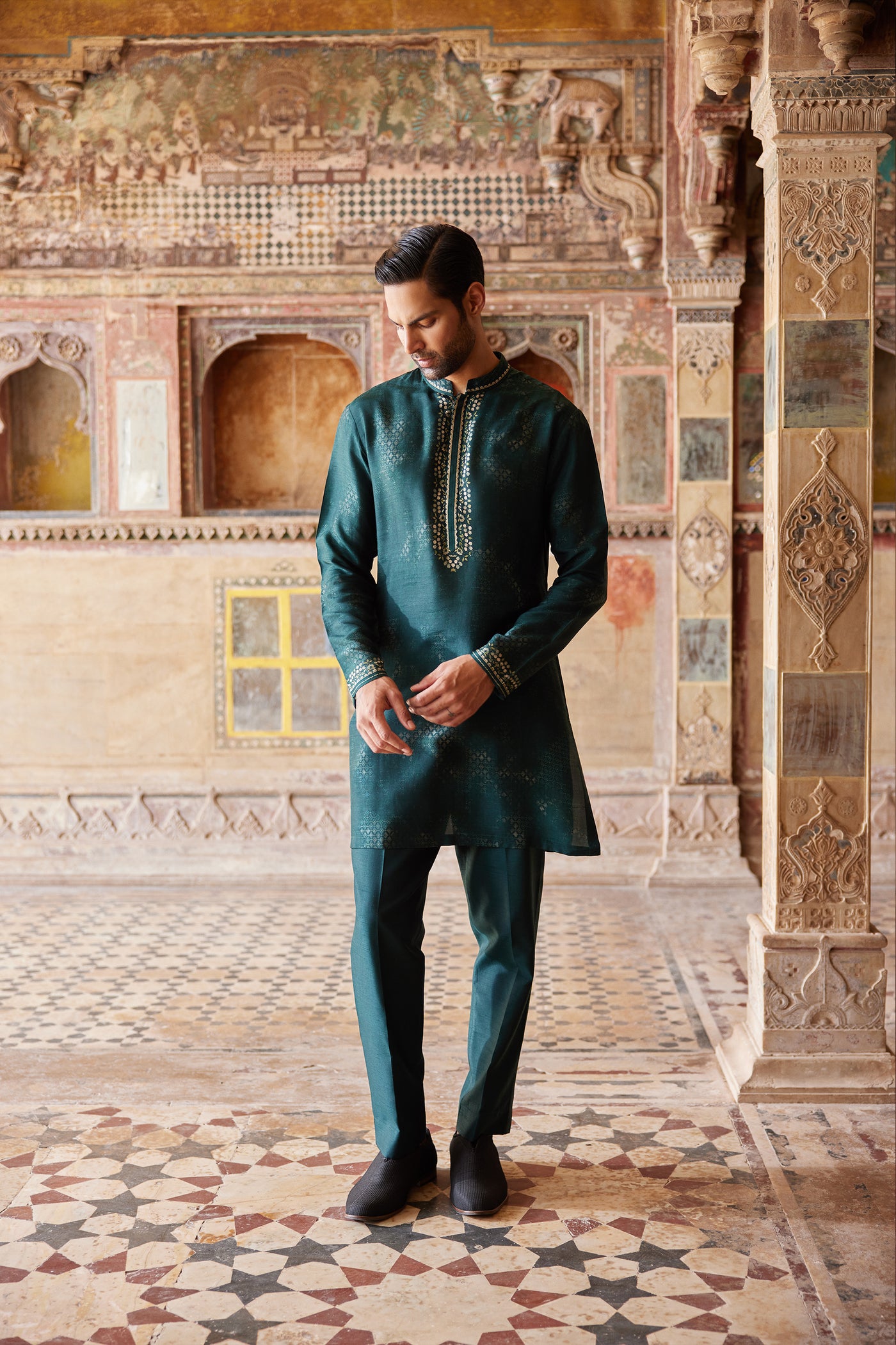 Anita Dongre Menswear Khidr Printed Silk Kurta Green indian designer wear online shopping melange singapore