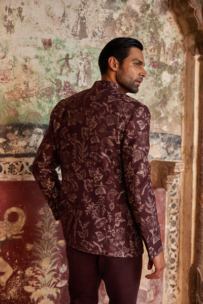 Anita Dongre Menswear Nilav Printed Silk Bandhgala Maroon indian designer wear online shopping melange singapore