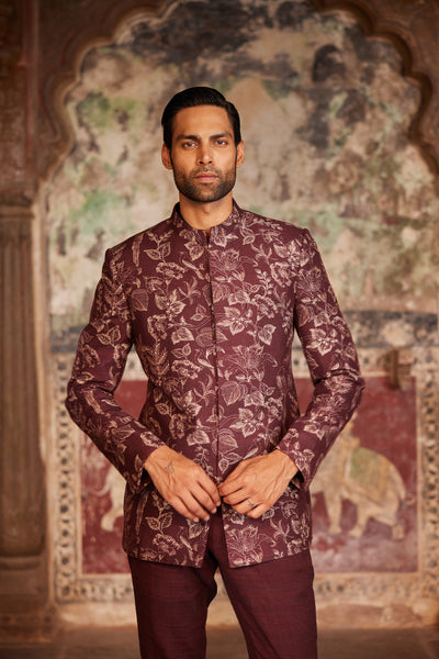 Anita Dongre Menswear Nilav Printed Silk Bandhgala Maroon indian designer wear online shopping melange singapore