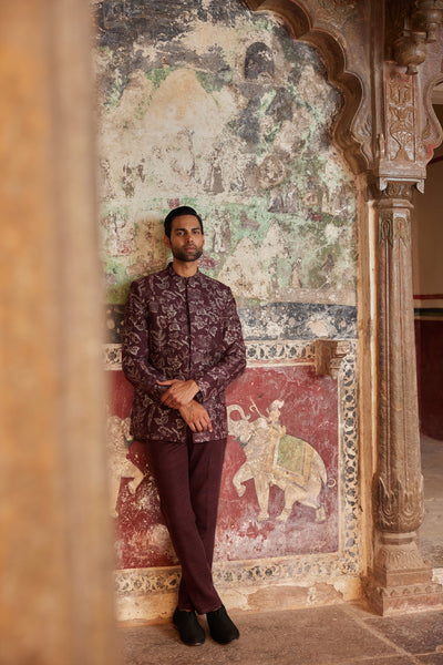 Anita Dongre Menswear Nilav Printed Silk Bandhgala Maroon indian designer wear online shopping melange singapore