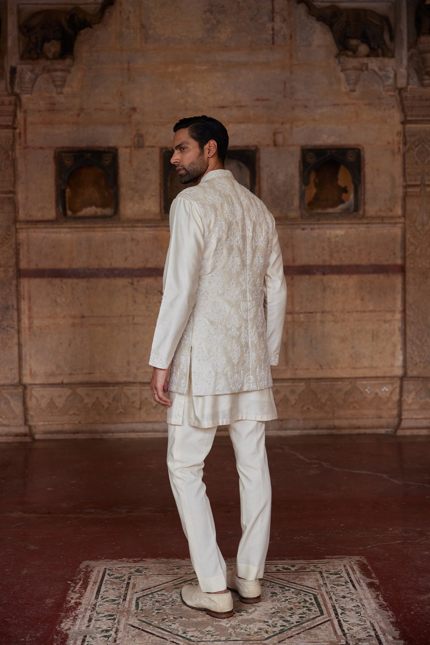 Anita Dongre Menswear Palaksh Hand Embroidered Silk Nehru Jacket Ivory indian designer wear online shopping melange singapore