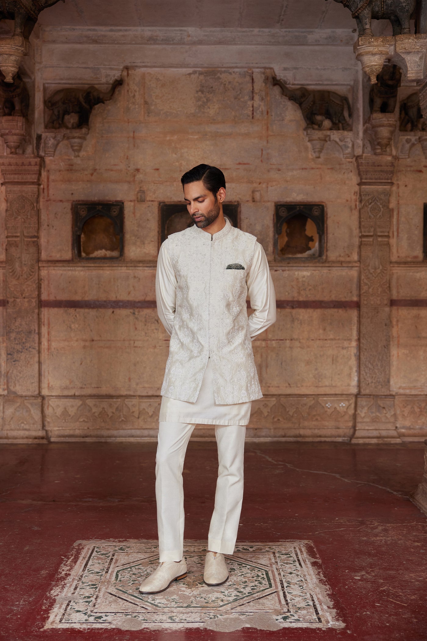 Anita Dongre Menswear Palaksh Hand Embroidered Silk Nehru Jacket Ivory indian designer wear online shopping melange singapore