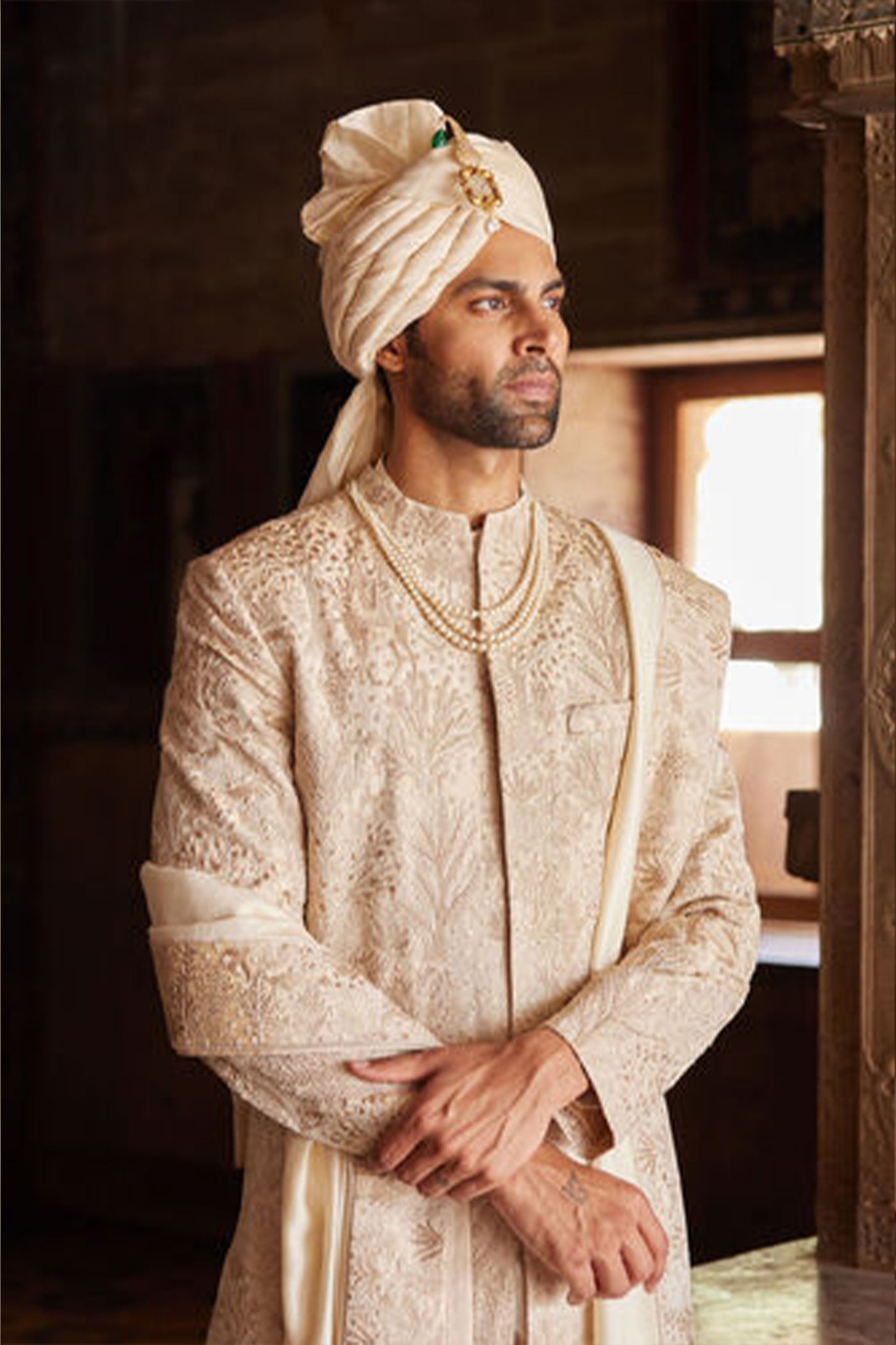 Anita Dongre Menswear Parnav Hand-embroidered Sherwani Gold indian designer wear online shopping melange singapore