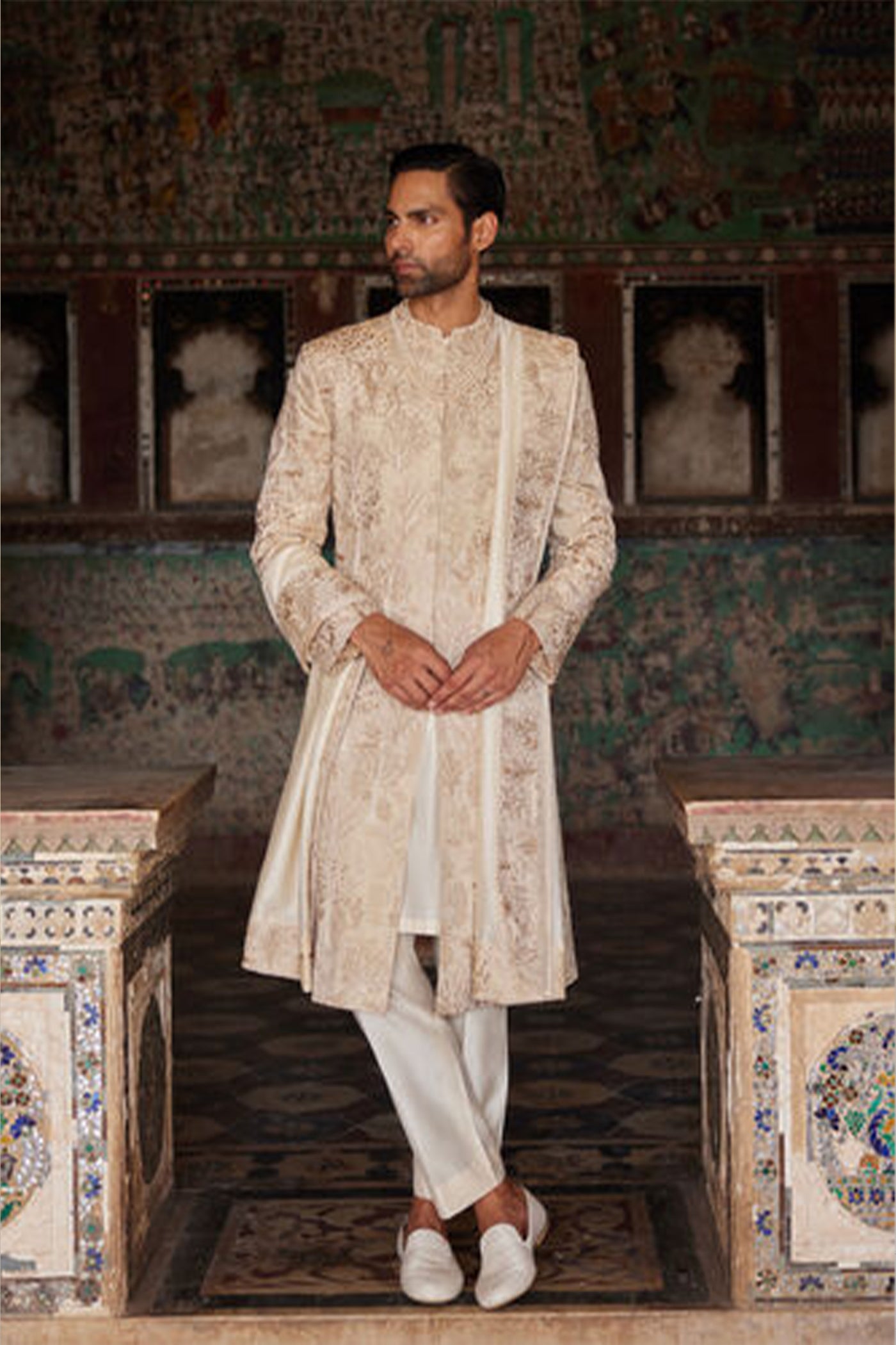 Anita Dongre Menswear Parnav Hand-embroidered Sherwani Gold indian designer wear online shopping melange singapore