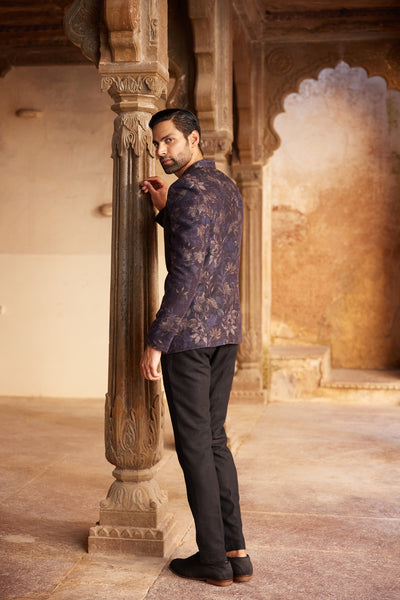 Anita Dongre Menswear Rahin Printed Silk Bandhgala Navy indian designer wear online shopping melange singapore