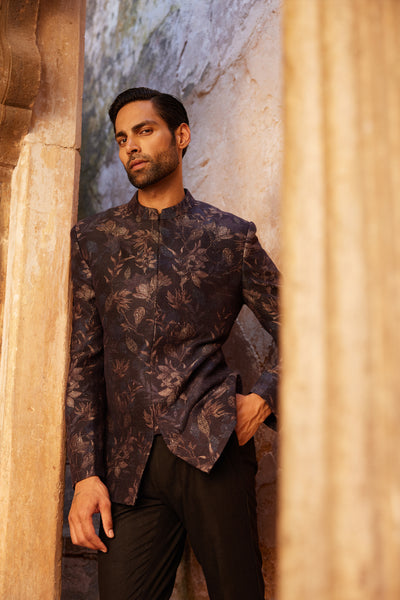 Anita Dongre Menswear Rahin Printed Silk Bandhgala Navy indian designer wear online shopping melange singapore