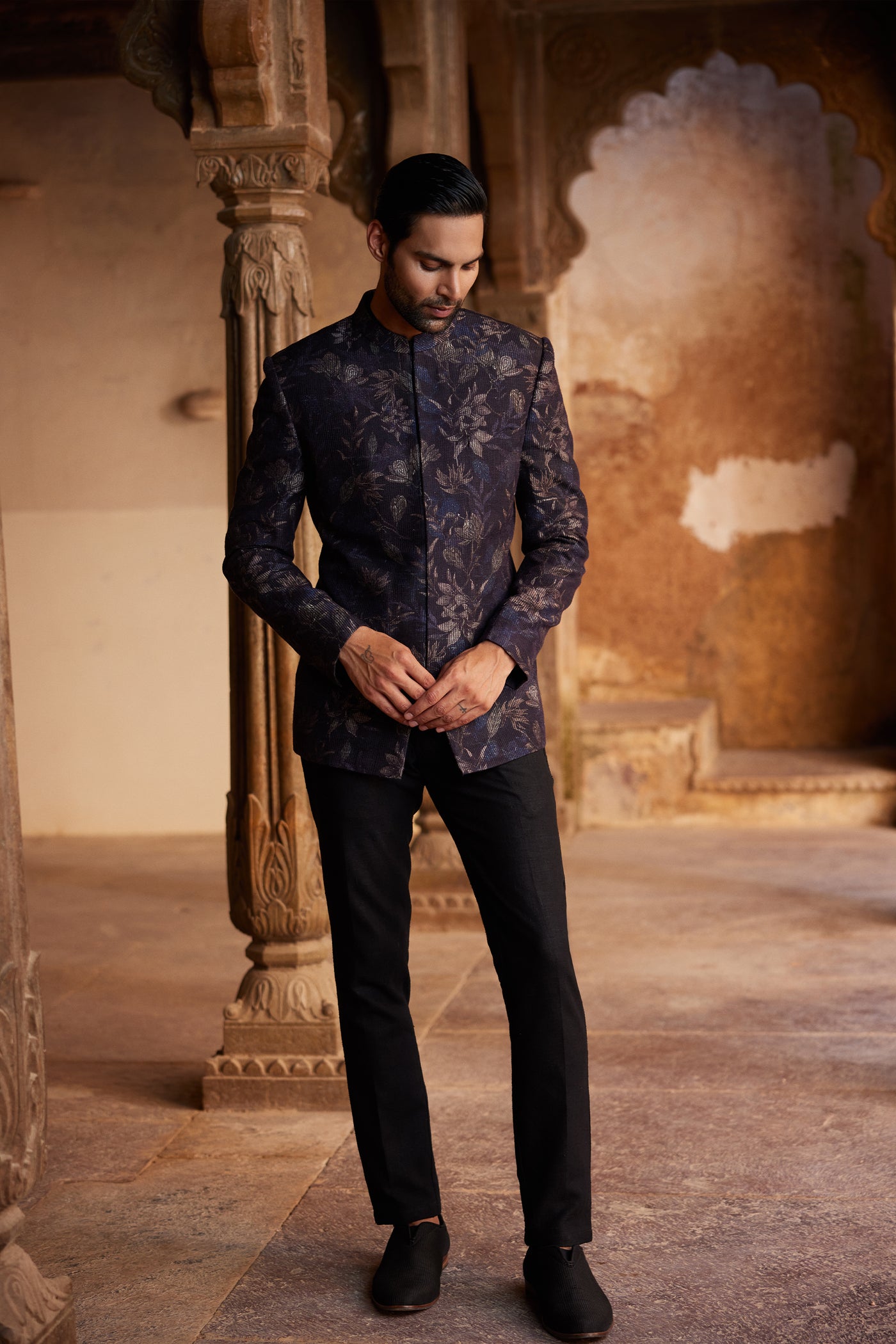 Anita Dongre Menswear Rahin Printed Silk Bandhgala Navy indian designer wear online shopping melange singapore