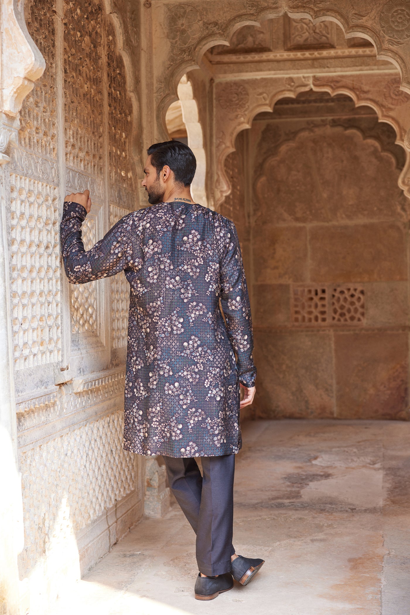 Anita Dongre Menswear Rukham Printed Silk Kurta Black indian designer wear online shopping melange singapore