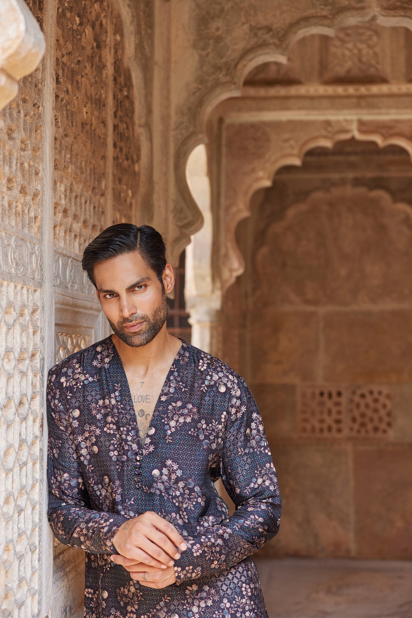 Anita Dongre Menswear Rukham Printed Silk Kurta Black indian designer wear online shopping melange singapore