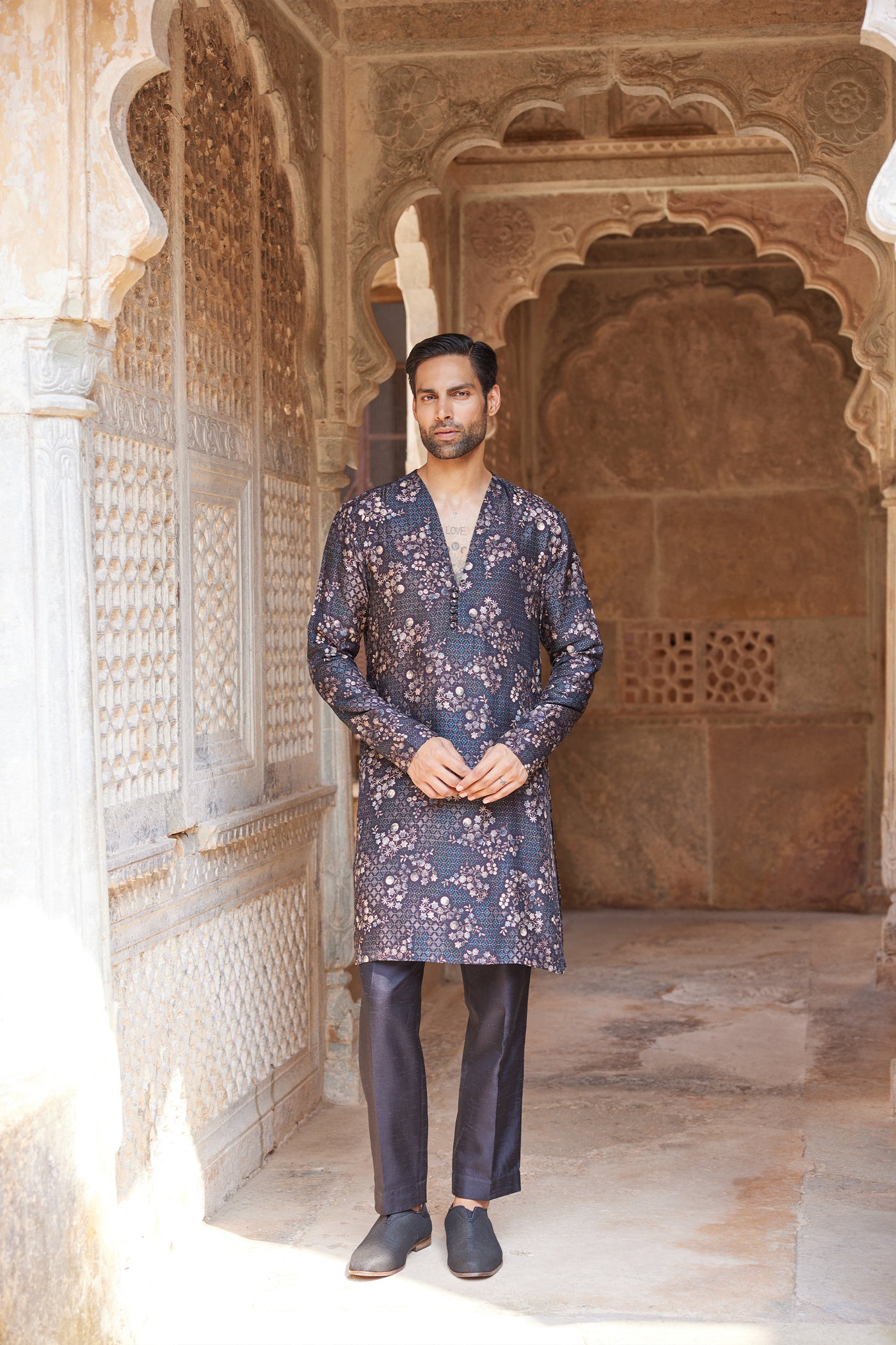 Anita Dongre Menswear Rukham Printed Silk Kurta Black indian designer wear online shopping melange singapore