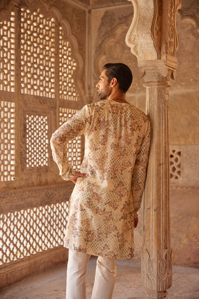 Anita Dongre Menswear Rukham Printed Silk Kurta Ivory indian designer wear online shopping melange singapore