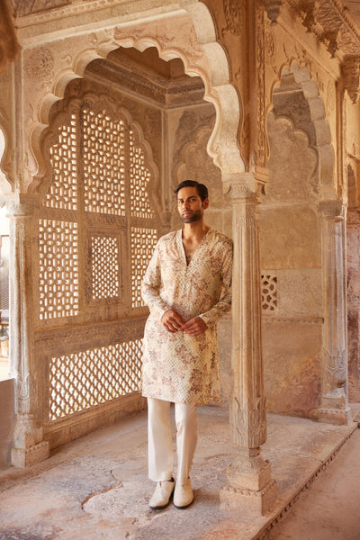 Anita Dongre Menswear Rukham Printed Silk Kurta Ivory indian designer wear online shopping melange singapore