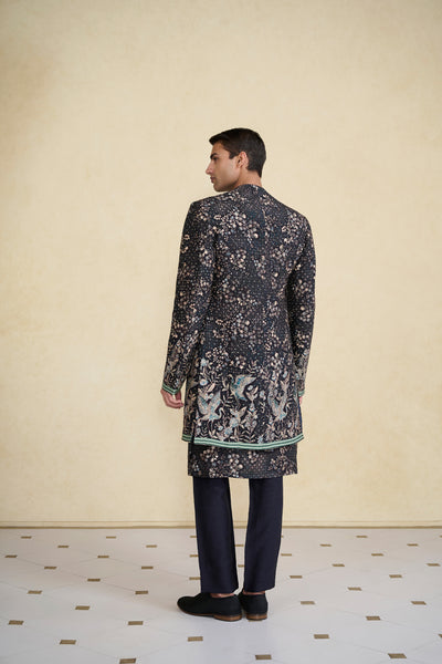 Anita Dongre Menswear Rukham Printed Silk Sherwani Black indian designer wear online shopping melange singapore