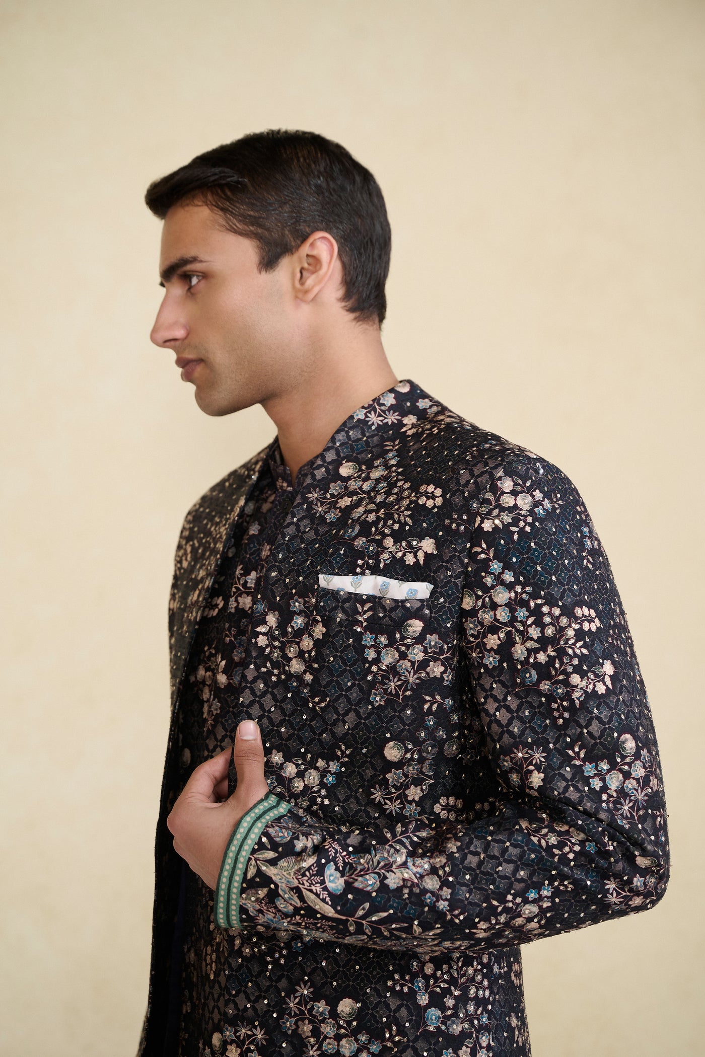 Anita Dongre Menswear Rukham Printed Silk Sherwani Black indian designer wear online shopping melange singapore