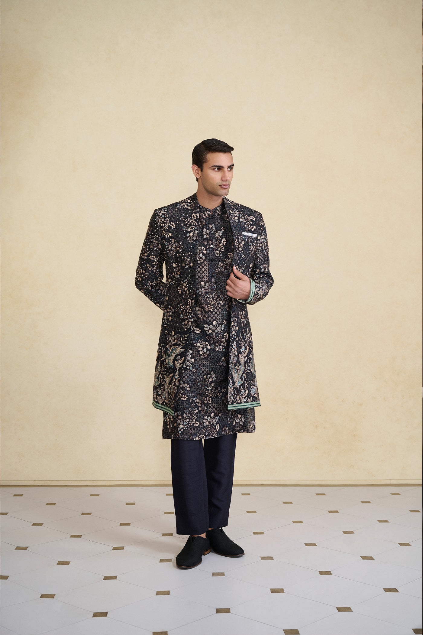 Anita Dongre Menswear Rukham Printed Silk Sherwani Black indian designer wear online shopping melange singapore