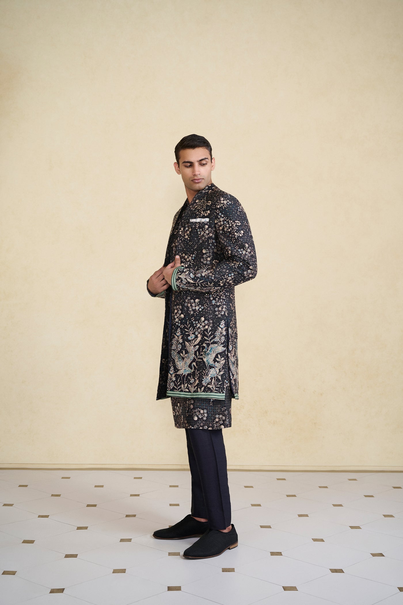 Anita Dongre Menswear Rukham Printed Silk Sherwani Black indian designer wear online shopping melange singapore