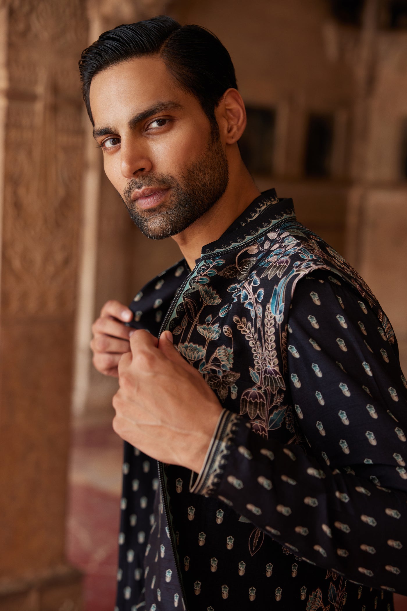 Anita Dongre Menswear Saamir Printed Silk Nehru Jacket Black indian designer wear online shopping melange singapore