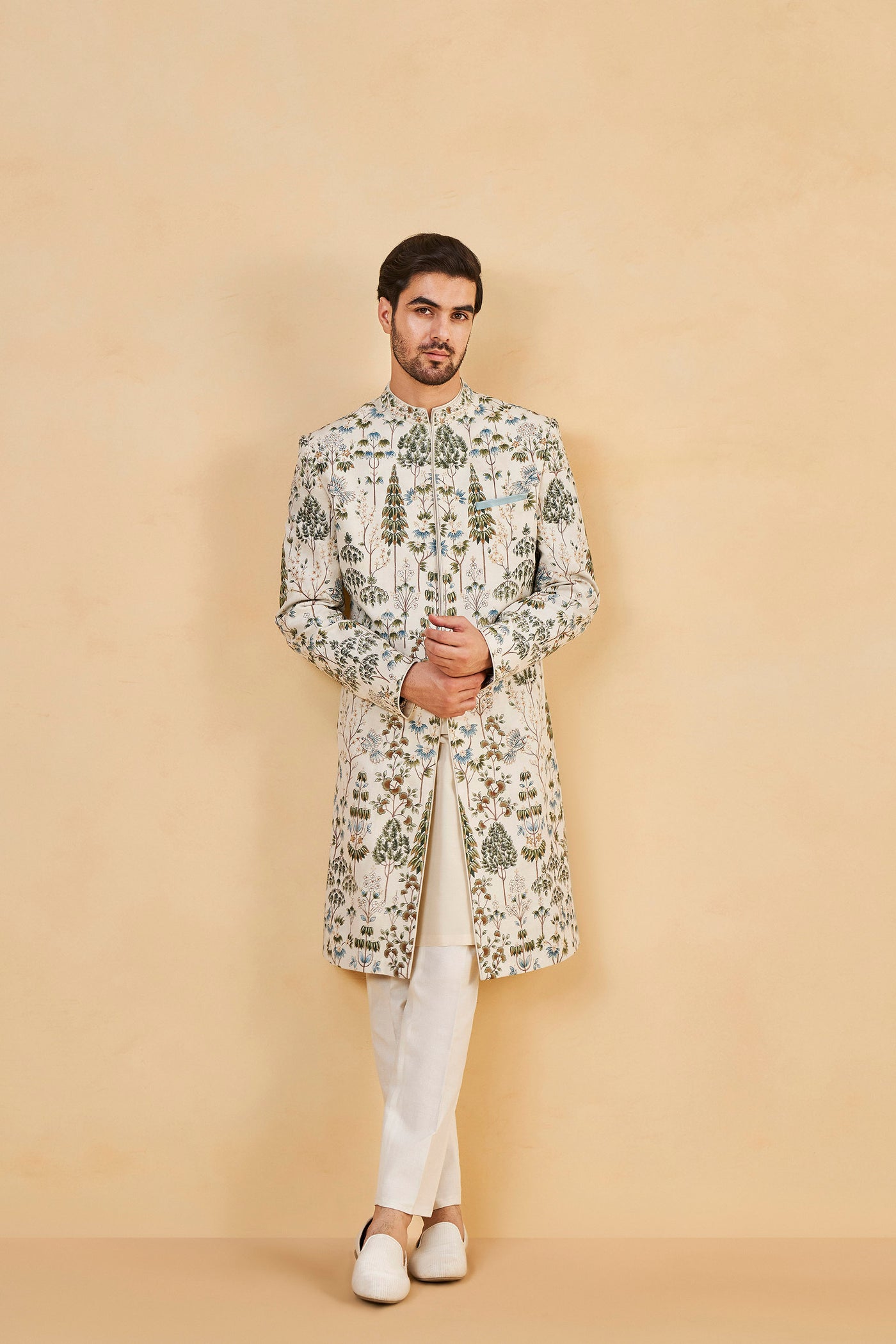 Anita Dongre Menswear Shahoor Hand Painted Pichhwai Sherwani Off White indian designer wear online shopping melange singapore