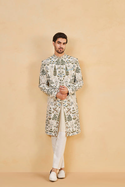 Anita Dongre Menswear Shahoor Hand Painted Pichhwai Sherwani Off White indian designer wear online shopping melange singapore