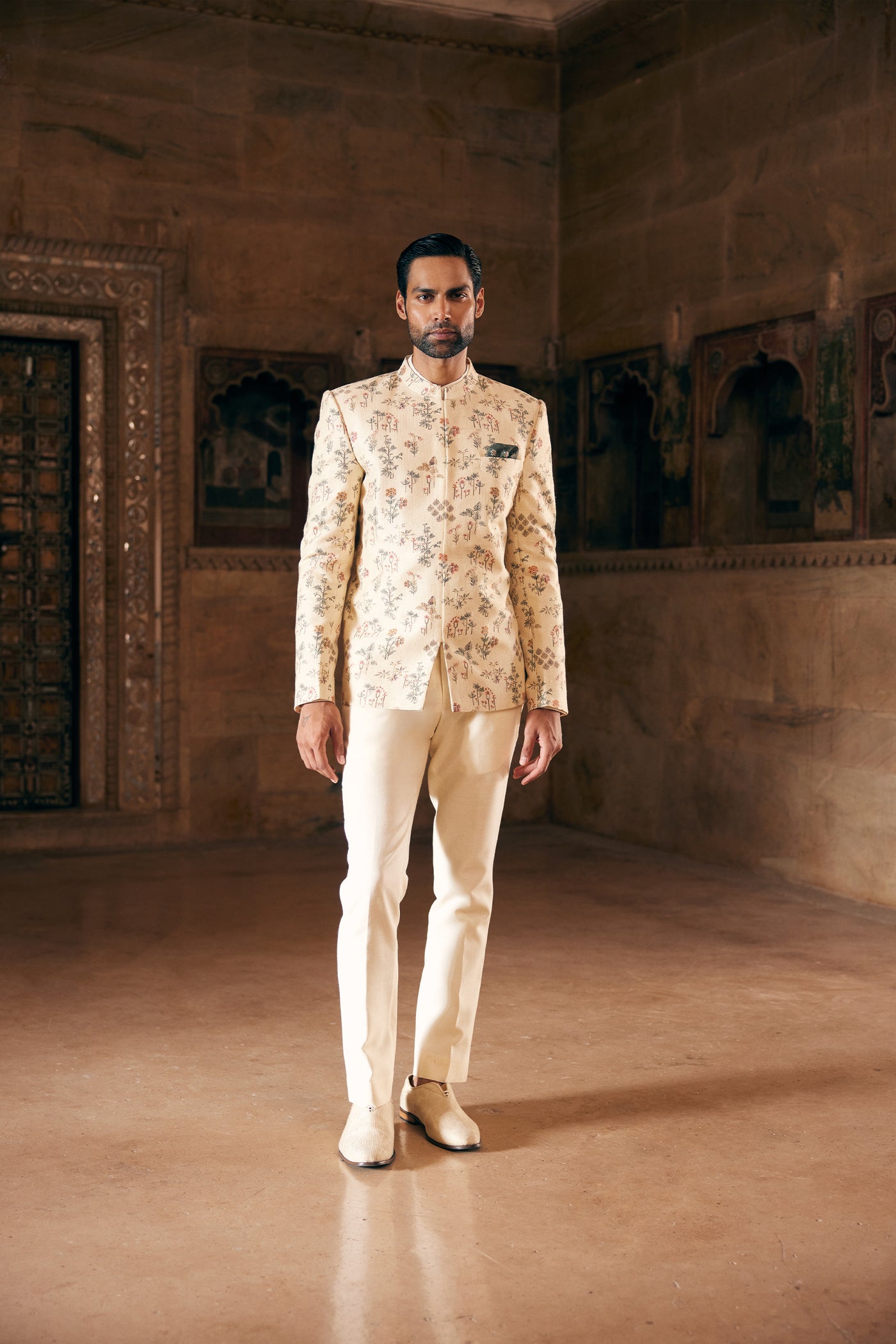 Anita Dongre Menswear Suhan Printed Silk Bandhgala Cream indian designer wear online shopping melange singapore