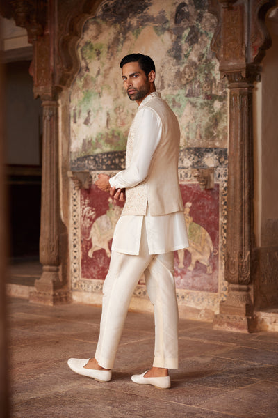 Anita Dongre Menswear Suwayd Embroidered Silk Nehru Jacket Ivoryindian designer wear online shopping melange singapore
