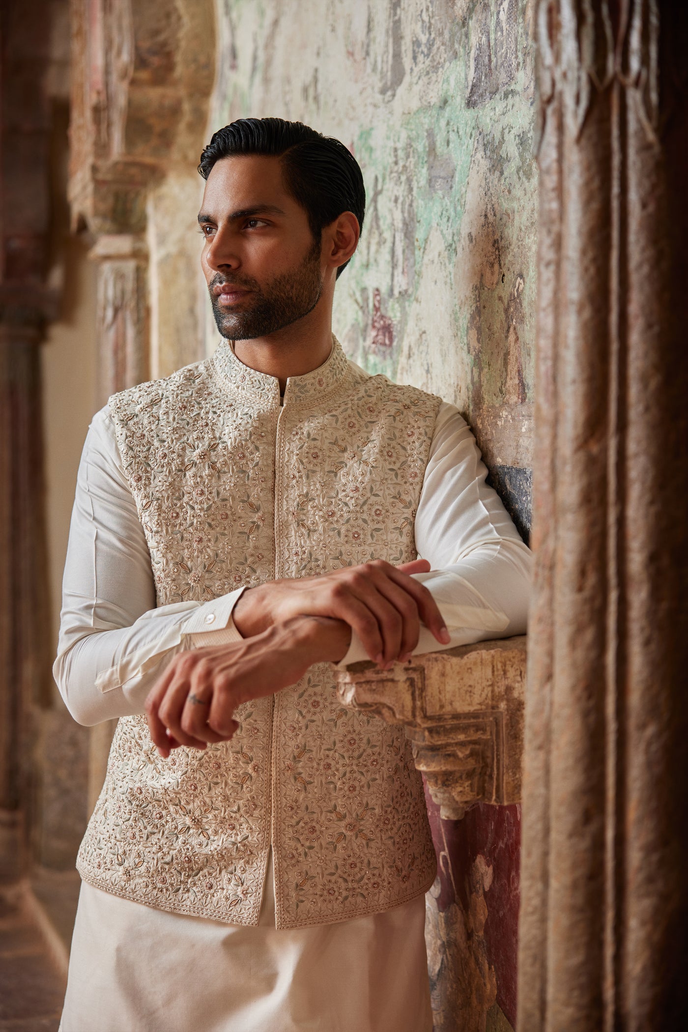 Anita Dongre Menswear Suwayd Embroidered Silk Nehru Jacket Ivoryindian designer wear online shopping melange singapore
